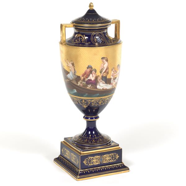 Appraisal: AUSTRIAN PORCELAIN PICTORIAL BEJEWELLED VASE WITH LID BOAT OF LOVE