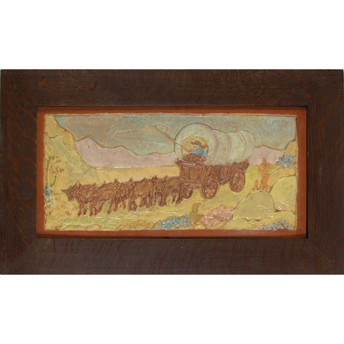 Appraisal: Claycraft tile multicolored scene with a covered wagon held in