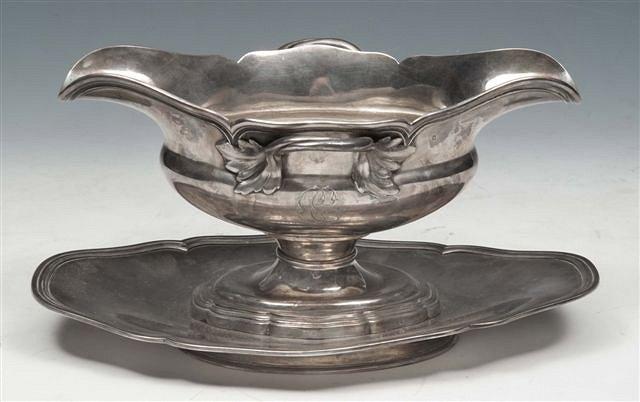 Appraisal: A FRENCH SILVER DOUBLE ENDED SAUCE BOAT TRAY with reeded