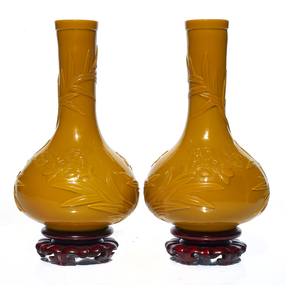 Appraisal: PAIR OF CHINESE YELLOW 'PEKING' GLASS BOTTLE VASES Pair of