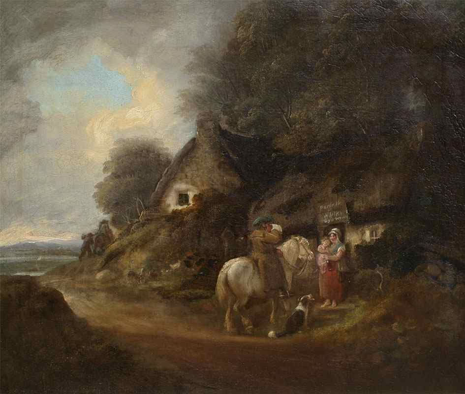 Appraisal: English Landscape with Weary Traveler Returning Home Sipping from a