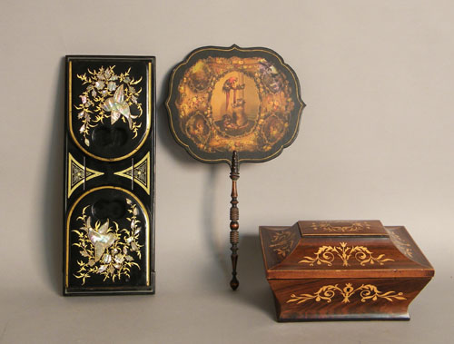 Appraisal: Lacquerware extension bookends together with a fan and marquetry dresser