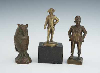 Appraisal: Three Miniature Bronzes Lot includes a male figure with hat