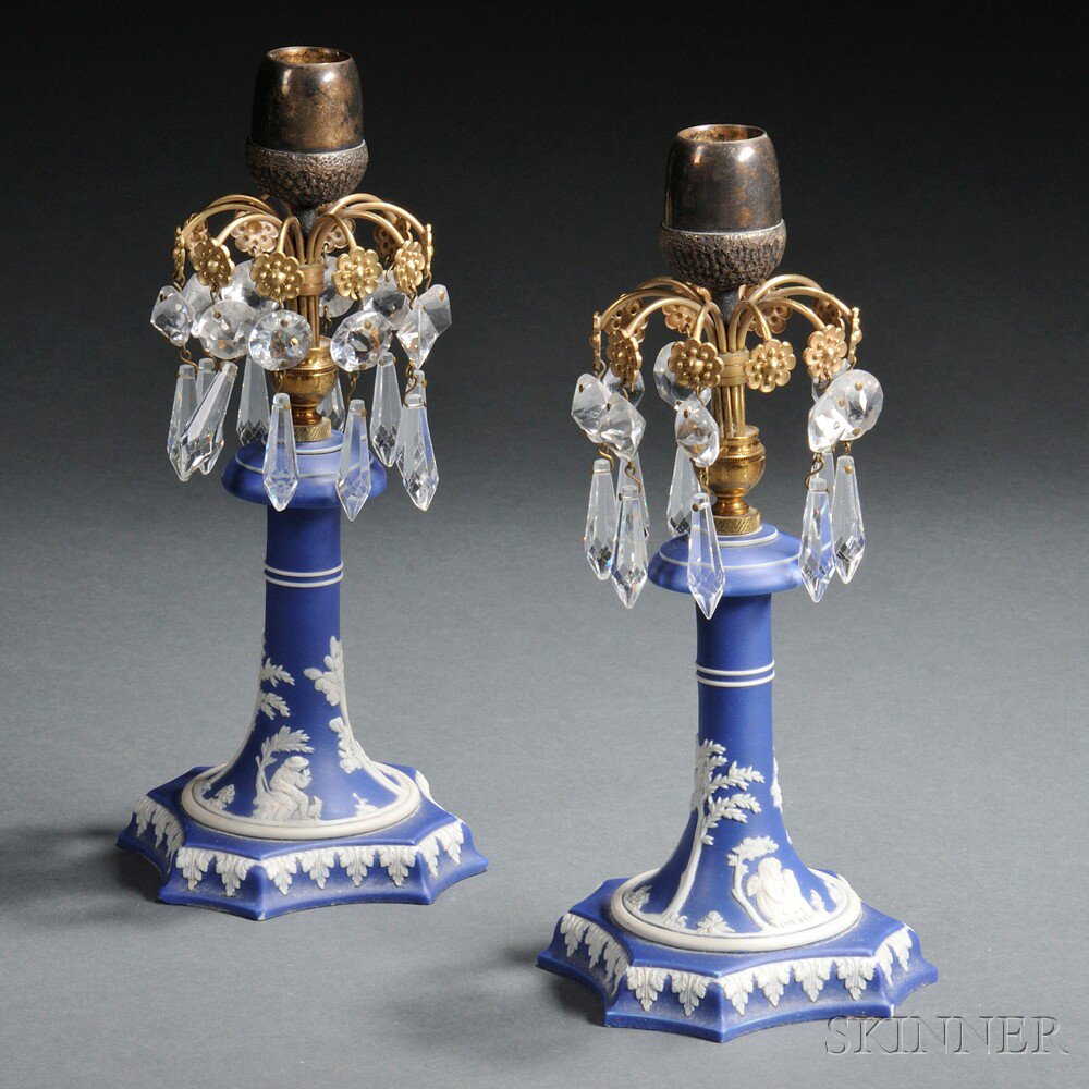 Appraisal: Pair of Wedgwood Jasper Candlesticks th century with acorn-form bobeches