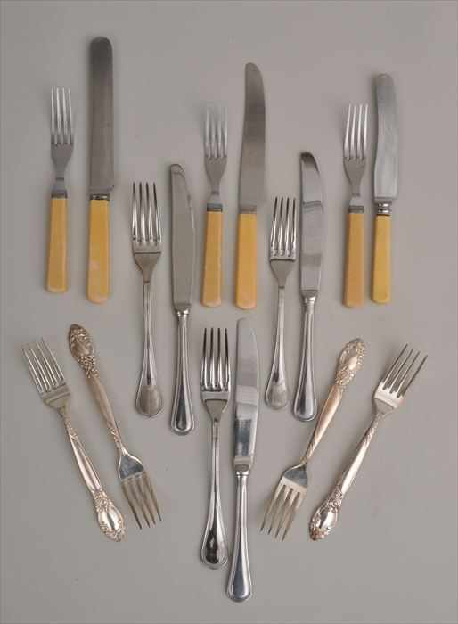 Appraisal: MISCELLANEOUS FLATWARE Including thirty-two assembled English knives with faux ivory